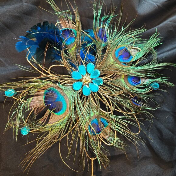 Art Deco Style PEACOCK Feathers Tree Topper w/ Gold & Glitter - Picture 2 of 5